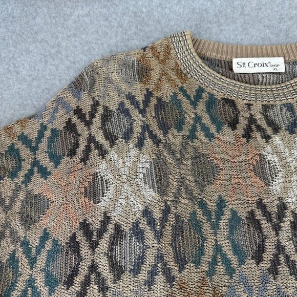 Men's St. Croix Shop Size XL Knit Sweater Multi-Color Geometric Pattern Tan Blue - Picture 2 of 10